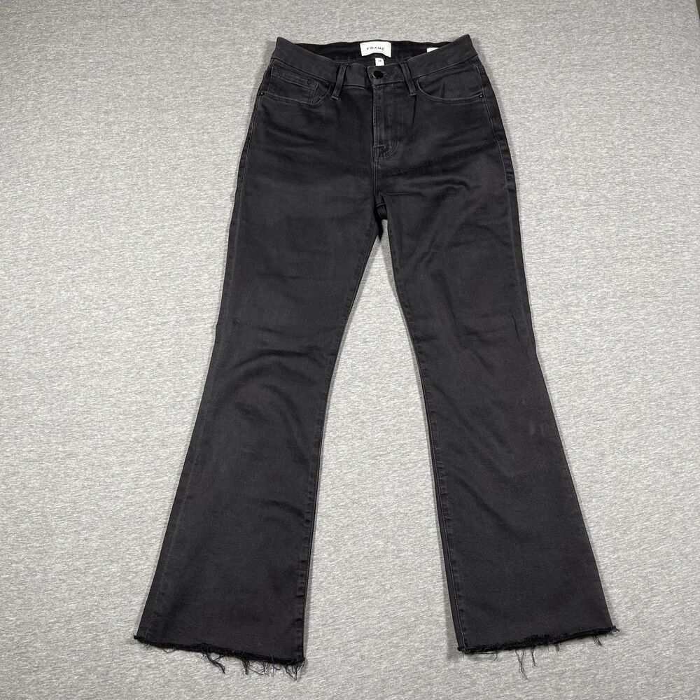 FRAME Le Crop Mini Boot Jeans Womens 26 Black Frayed Raw Hem Stretch Denim